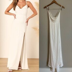 NWOT Destined Romance White Satin Cowl Neck Backless Maxi Dress
